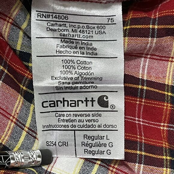 Carhartt Shirt Mens Large Red Plaid Button-Up Cotton Western Workwear Lumberjack - Picture 8 of 10